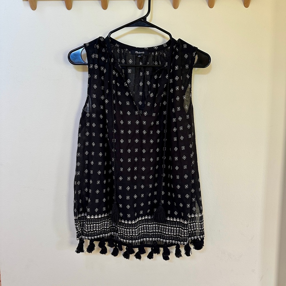 Madewell Black and White Patterned Blouse with Tassels, Size XS